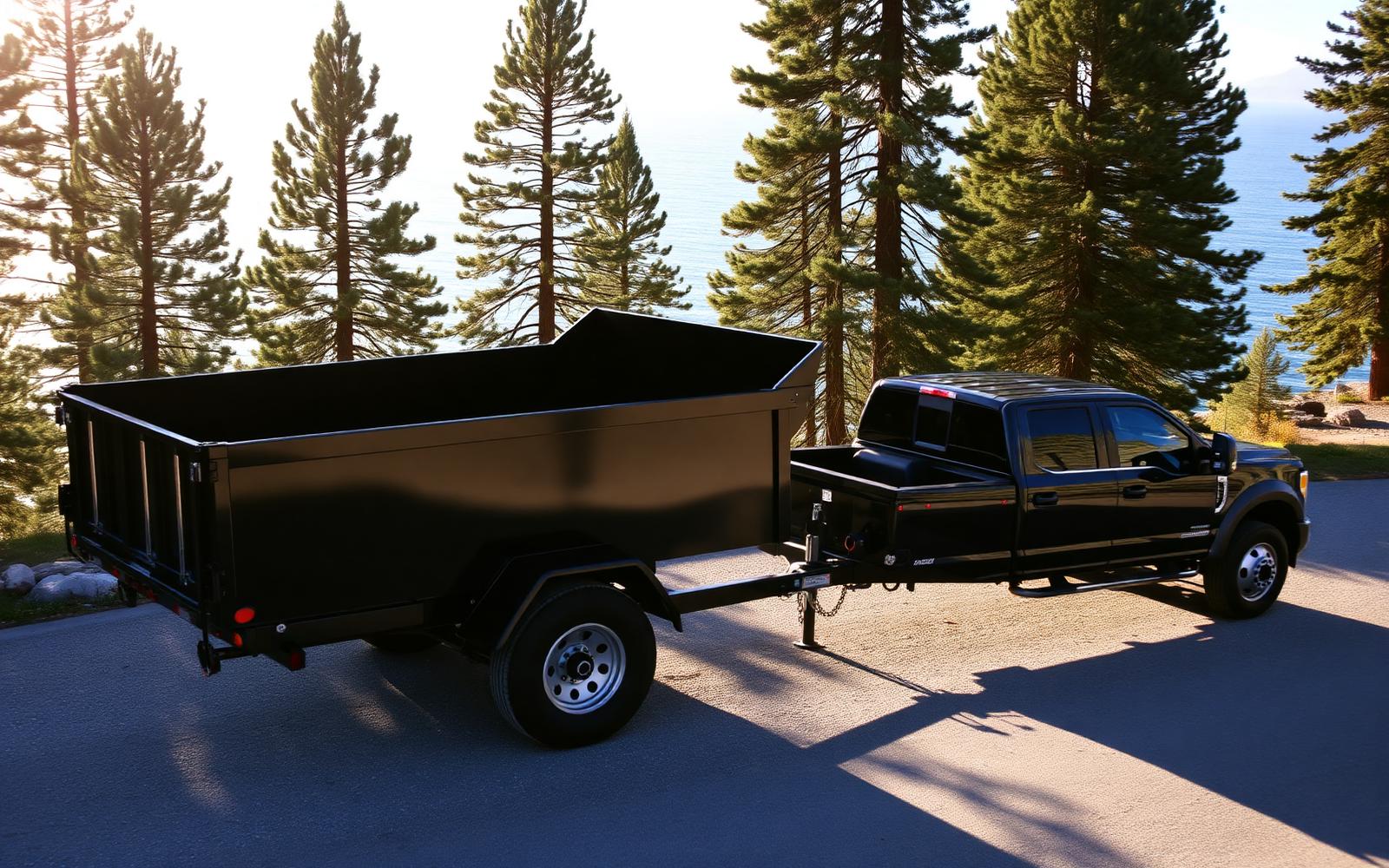 Dump trailer hitched to a truck parked among Tahoe pines