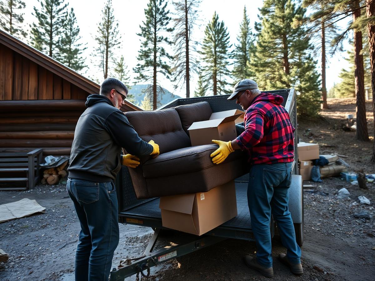 Crew loading a couch and boxes into a dump trailer at a Tahoe cabin