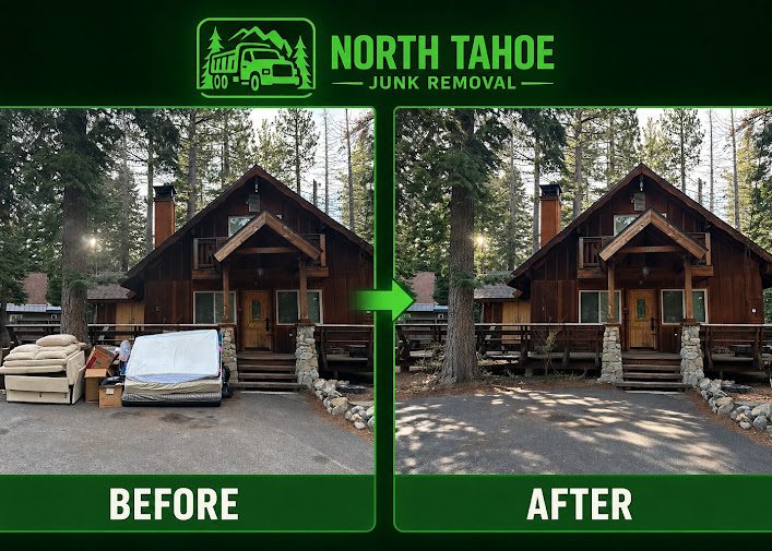 Before and after: furniture and mattress pile cleared from a Tahoe cabin driveway